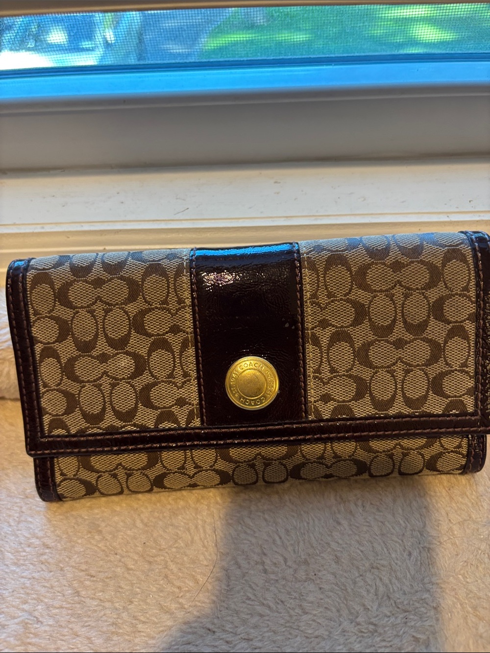 Coach Brown Signature Canvas Wallet with Dark Brown Trim and Gold-Tone Snap